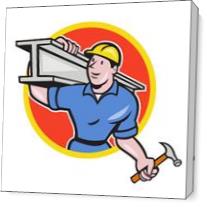 Construction Steel Worker Carry I-Beam Circle Cartoon As Canvas