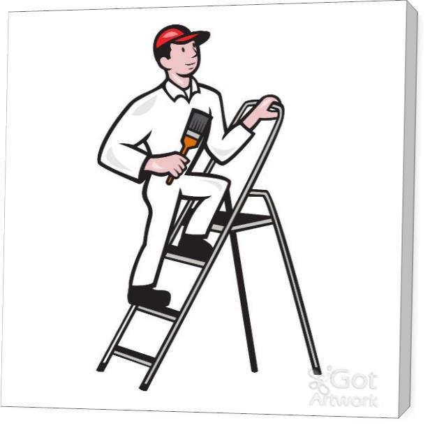 House Painter Standing On Ladder Cartoon