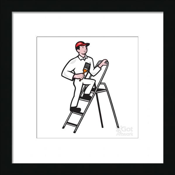 House Painter Standing On Ladder Cartoon
