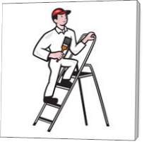 House Painter Standing On Ladder Cartoon - Gallery Wrap