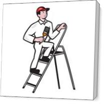 House Painter Standing On Ladder Cartoon - Gallery Wrap Plus