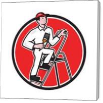 House Painter Paintbrush On Ladder Cartoon - Gallery Wrap