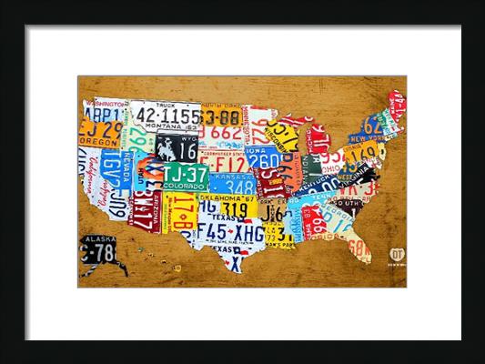 License Plate Map Of The USA On Vintage Burnt Orange Wood Slab