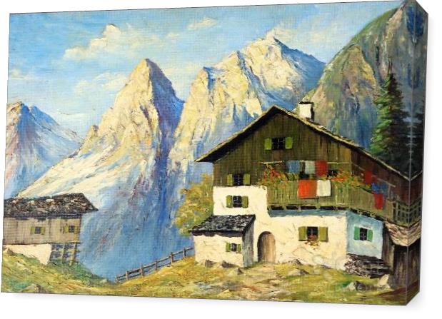 House With Snow Mountain (signed 'W. Muller') On The Right Bottom