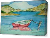 Red Boat At Lake Berryessa As Canvas
