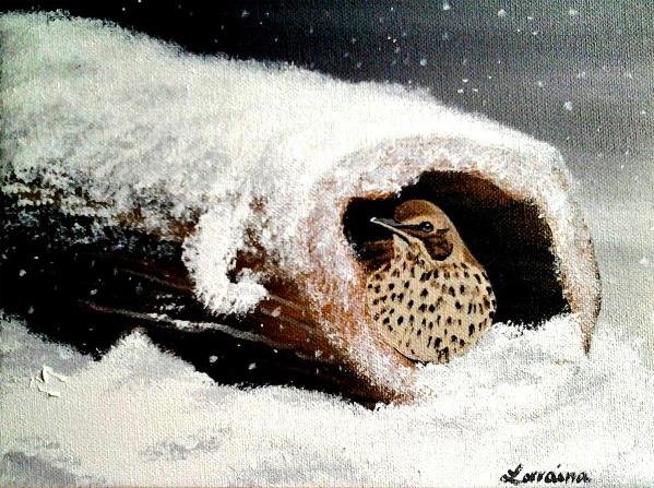 Bird In A Log In Snow