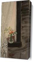 Window Sill With Lace Curtain And Vase With Flowers As Canvas