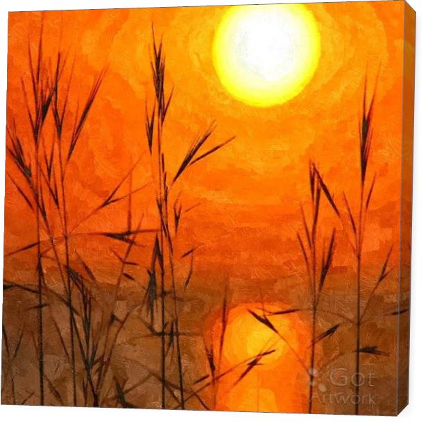 Beautiful Sunrise Oil Painting - Dawn Sunny Day With Weeds And Clear Water