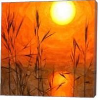 Beautiful Sunrise Oil Painting - Dawn Sunny Day With Weeds And Clear Water - Gallery Wrap