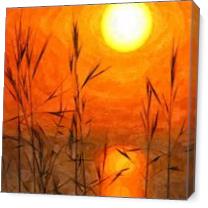 Beautiful Sunrise Oil Painting - Dawn Sunny Day With Weeds And Clear Water - Gallery Wrap Plus