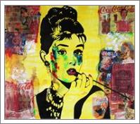 ART Portrait Audrey HEPBURN Coca-Cola Mixed Media On Panel Acrylic Painting Black & Colors Collections Modern 30“x36“ By Kathleen Artist PRO - No-Wrap