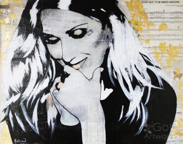 ART Celine DION Portrait Contemporary Mixed Media On Canvas Acrylic Painting Black Art Collections Modern 22“x28“ By Kathleen Artist PRO